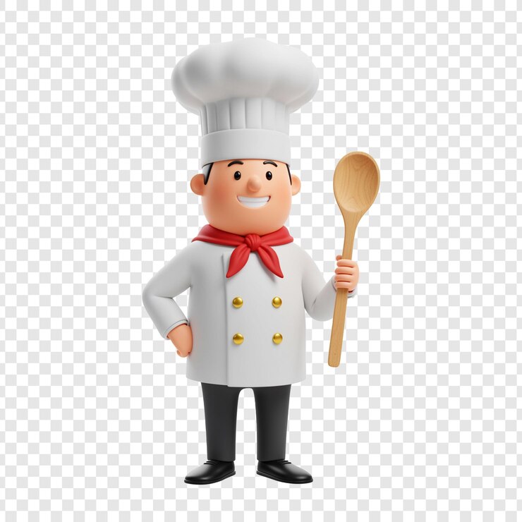 PSD 3d cartoon chef with wooden spoon on transparent background