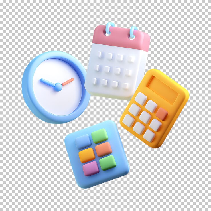 PSD 3d cartoon clock calendar and calculator icons
