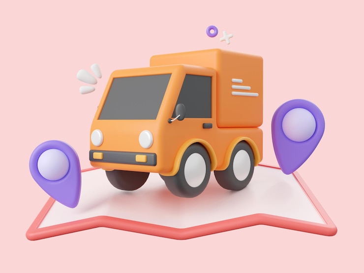 3d cartoon design illustration of Delivery service Delivery truck with pins on map