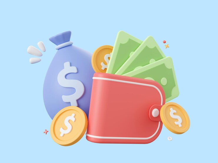 3d cartoon design illustration of Wallet with dollar coin and banknote Money savings concept