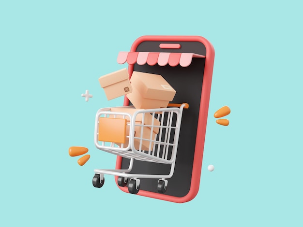 3d-cartoon-design-illustration von smartphone mit einkaufswagen und paketbox online-shopping auf mobilem konzept