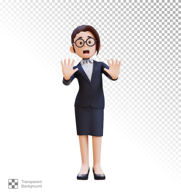 3D-Cartoon einer Geschäftsfrau, die eine Haltegeste macht
