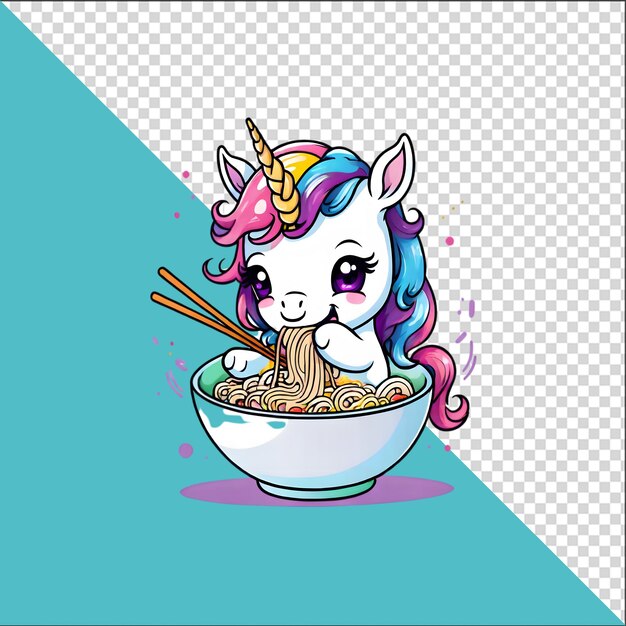 PSD 3d-cartoon-einhorn in einer schüssel mit ramen-nudeln mit transparentem hintergrund