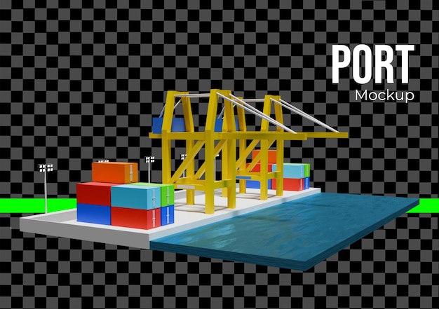 3D-Cartoon-Hafen-Mockup mit Schiffscontainern