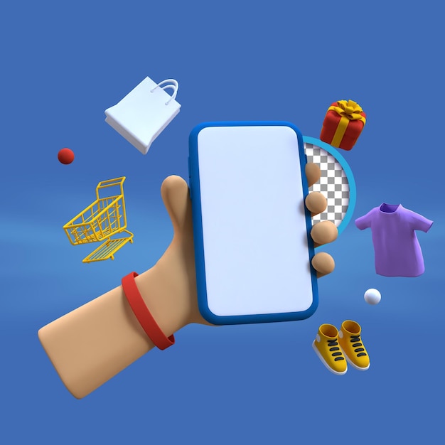 3D-Cartoon-Hand mit Smartphone mit Modeobjekt Illustration