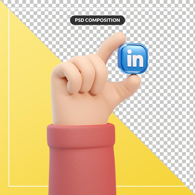 3D-Cartoon-Handgeste mit Linkedin-Logo-Symbol