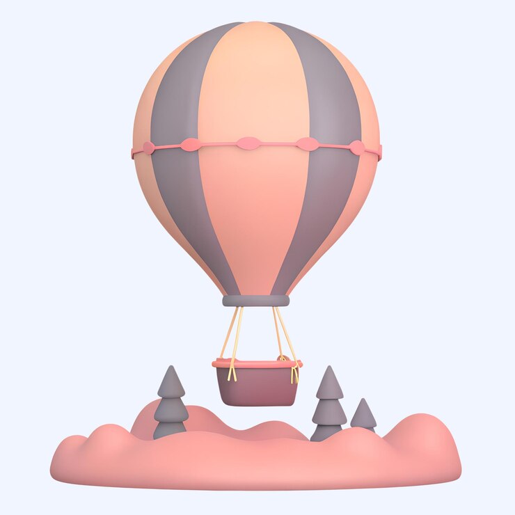 PSD 3d cartoon hot air balloon over pink landscape