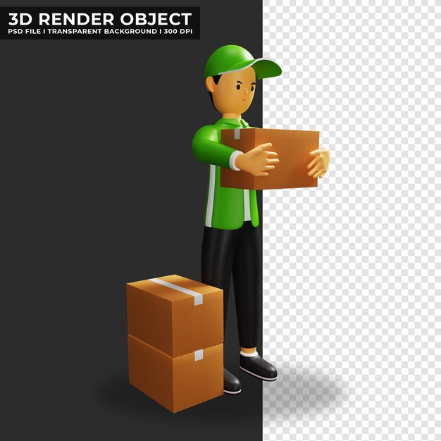 PSD 3d-cartoon-illustration eines lieferservice-kuriers, der ein kartonpaket hält