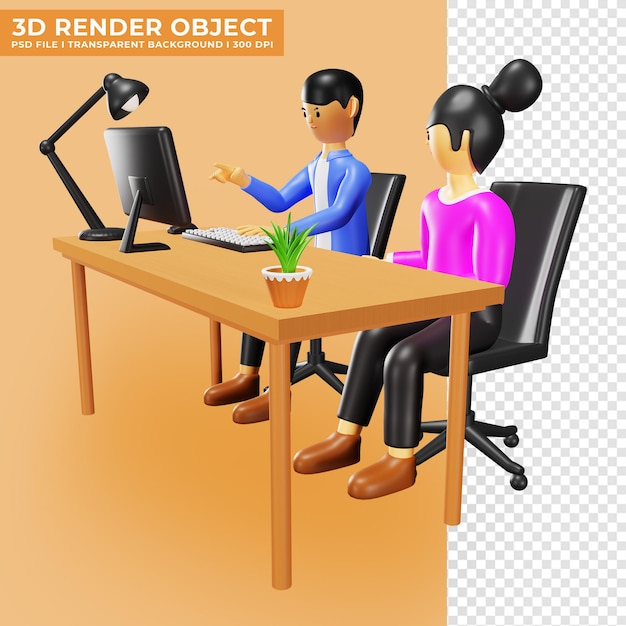 3D-Cartoon-Illustration von zwei Büroangestellten, die vor dem Computer diskutieren