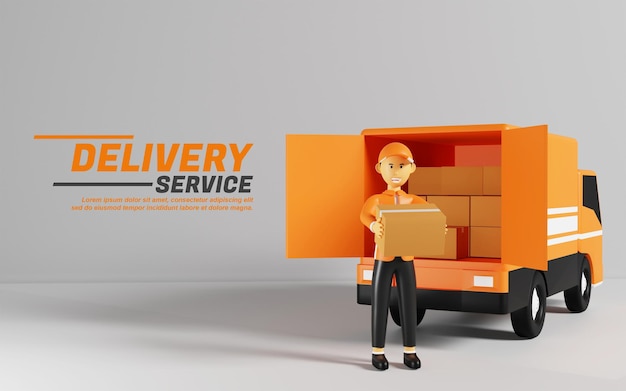 3d-cartoon-lieferservice-kurier bereit, pakete per lkw zu liefern