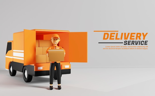 3d-cartoon-lieferservice-kurier bereit, pakete per lkw zu liefern