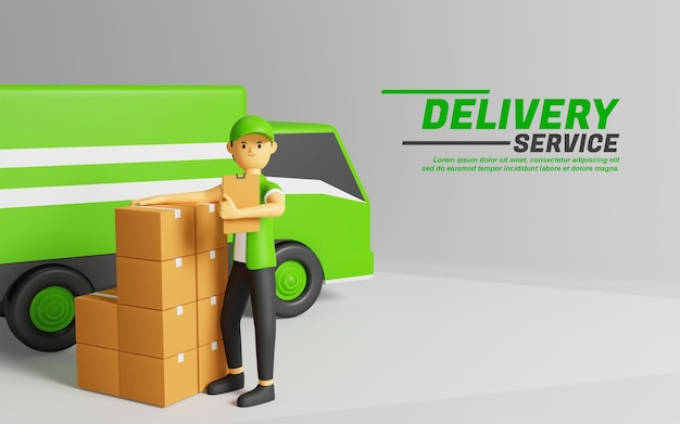 3d-cartoon-lieferservice-kurier bereit, pakete per lkw zu liefern