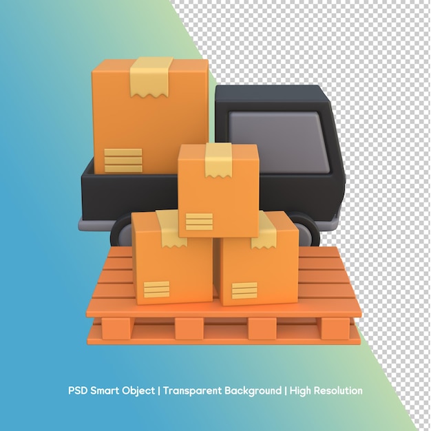 3D-Cartoon-Lieferwagen mit Kisten auf einer Palette