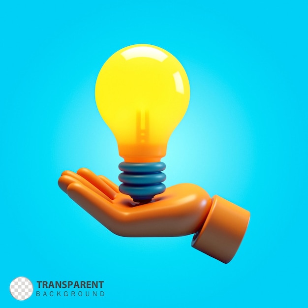 3D cartoon lightbulb held in hand symbolizing idea and innovation
