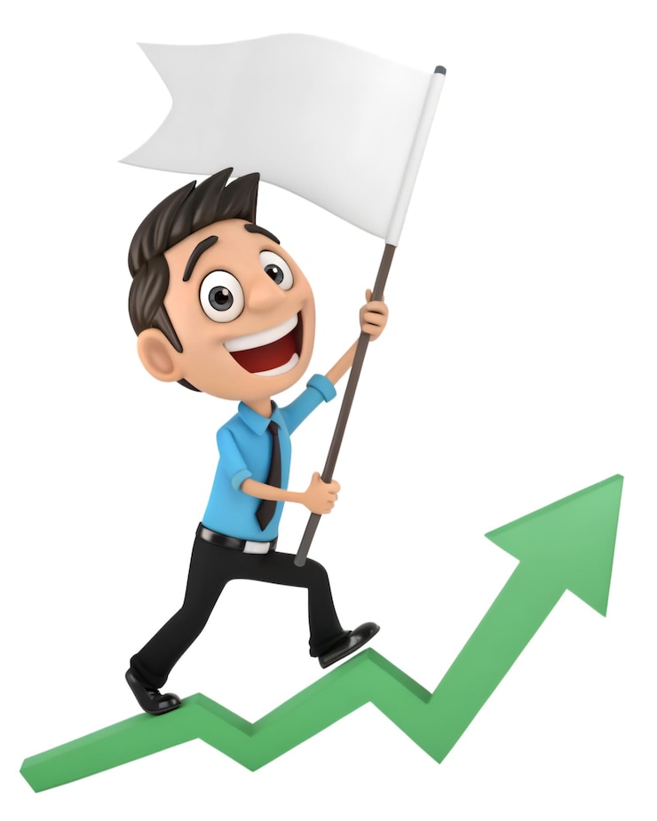 PSD 3d cartoon man holding white flag on upward green arrow