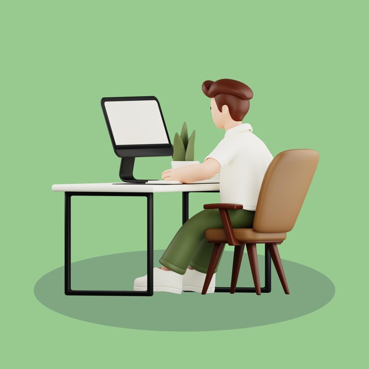 PSD 3d cartoon man working on computer in an office