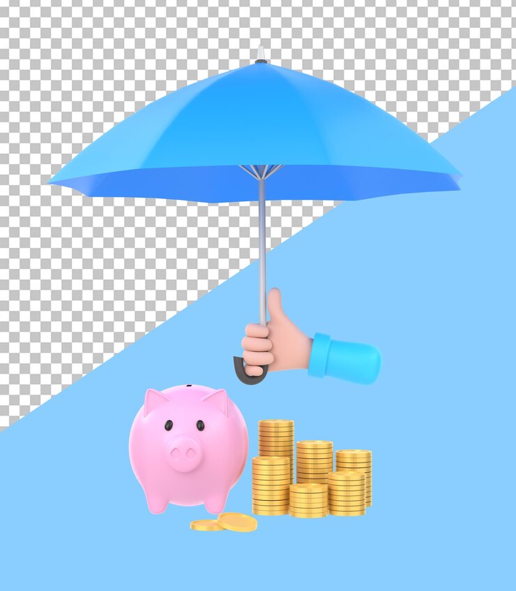PSD 3d cartoon mano sujetando un paraguas azul para proteger la ilustración del dinero para el concepto de ahorro