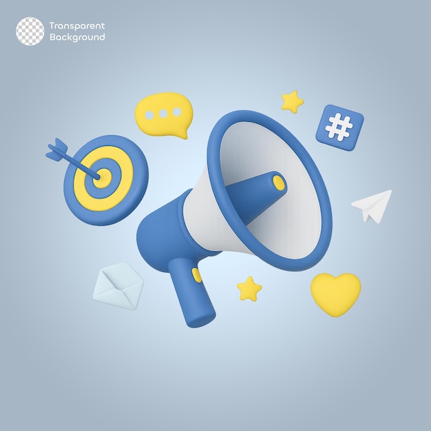3D Cartoon Marketing Concept with Megaphone and Social Media Icons