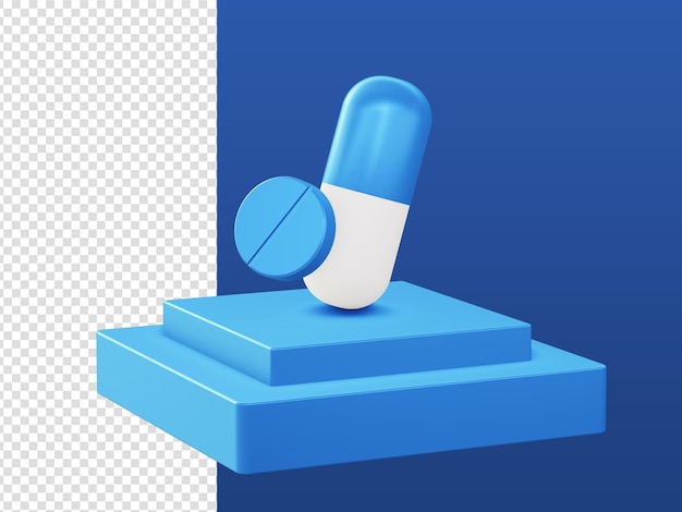 3D-Cartoon rendert blaue Medizin-Gesundheitssymbole mit Podium für UI-UX-Web-Apps für mobile Anzeigen