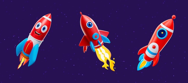 3D Cartoon rockets in space