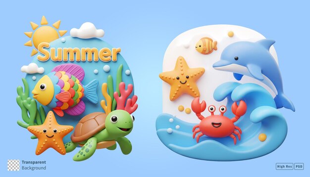 3D cartoon summer icon with cute ocean animals