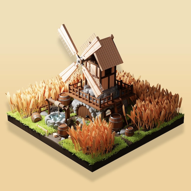 3D Cartoon Windmill in a Wheat Field