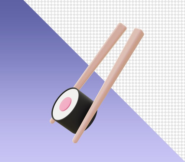 PSD 3d cartoony render sushi roll et icônes de baguettes pour les conceptions de médias sociaux d'applications mobiles web ui ux