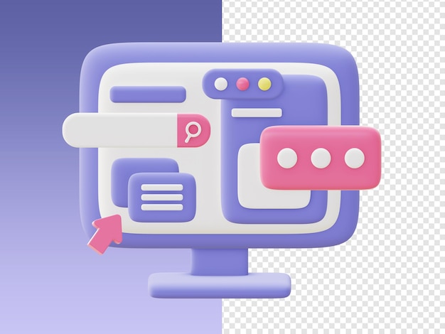 3d cartoony rendering icone di attività e lavoro del personal computer per i social media delle app mobili web UI UX