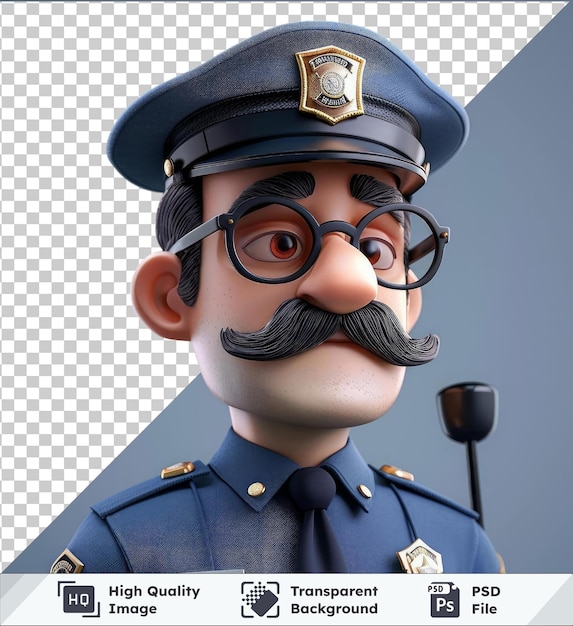 PSD 3d cartopolice personagem mockup de um policial vestindo um uniforme azul com um chapéu preto óculos pretos e uma gravata azul e preta ele tem um rosto preto