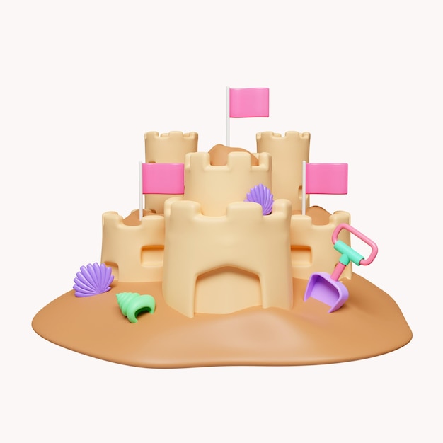 3d castillo de arena fuerte o fortaleza con torres concha y banderas vacaciones de verano viajes niños niños ocio diversión jugar icono aislado sobre fondo blanco 3d representación ilustración Trazado de recorte