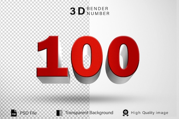 3d Cento Número 100 cor de metal vermelho isolado em fundo transparente