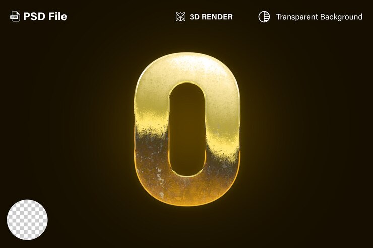 PSD 3d cero número 0 efecto dorado aislado en fondo transparente