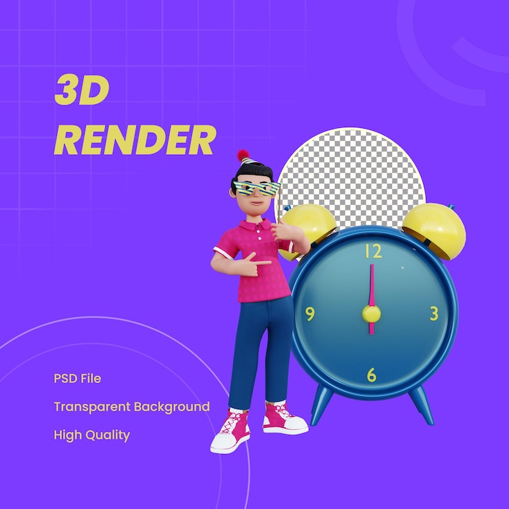 PSD 3d character holding party mask beside clock