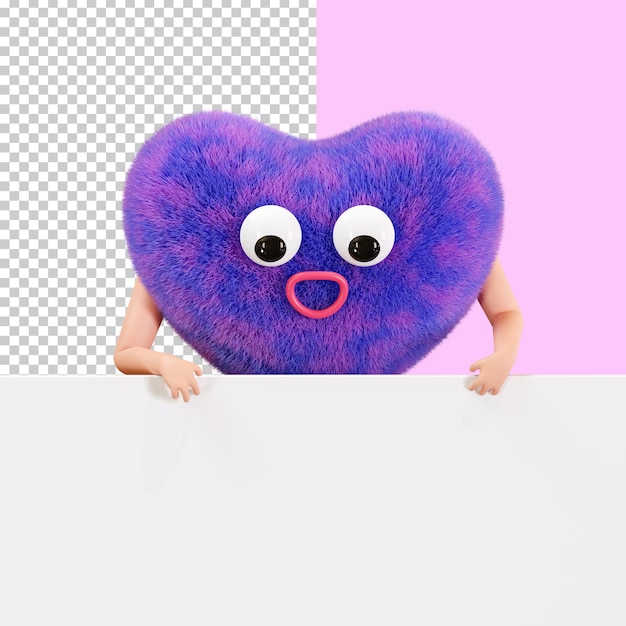3d character holds a sign with copy space for text, a banner for valentine's day. funny heart