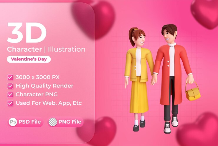 PSD 3d character illustration of valentines day couple with bag