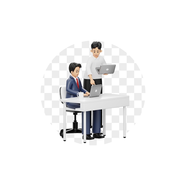 3D Character Two People Working Together Working On Laptop