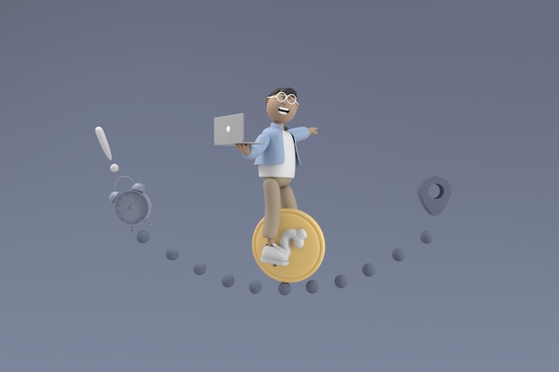3D character Young man Walk over obstacles during work on laptop to reach the coins