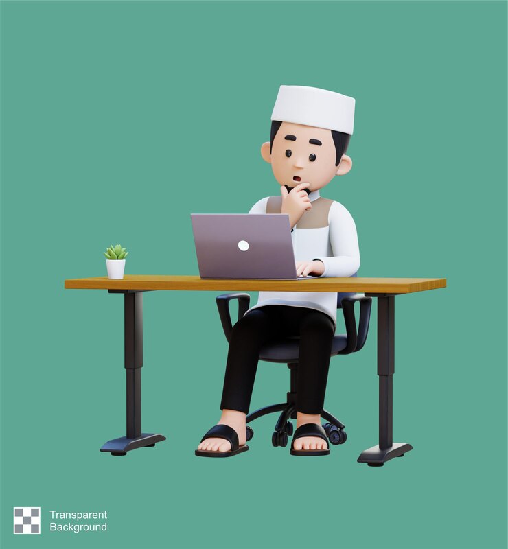 PSD 3d characters of muslim man thinking and working on a laptop in working desk