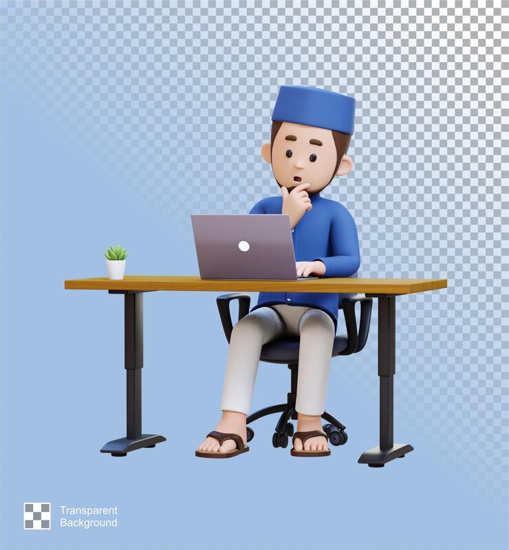 PSD 3d characters of muslim man thinking and working on a laptop in working desk