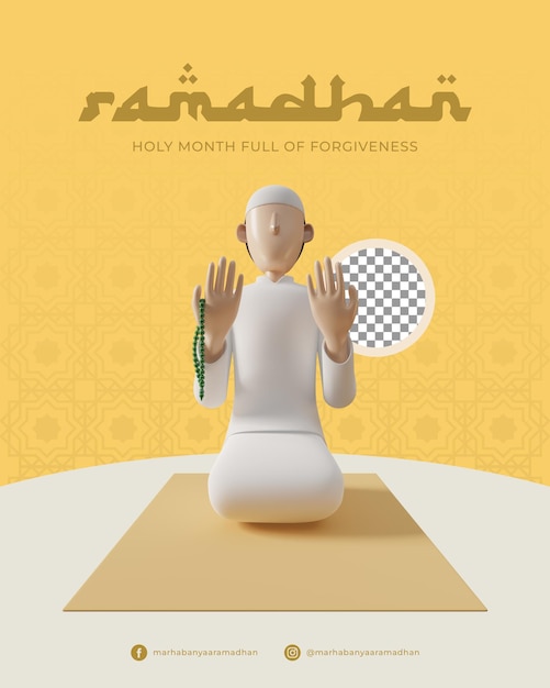 3d-charakter eines betenden muslims mit tasbih in der hand