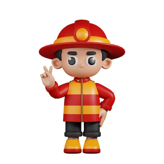 3D-Charakter-Feuerwehrmann zeigt Friedenszeichen-Pose