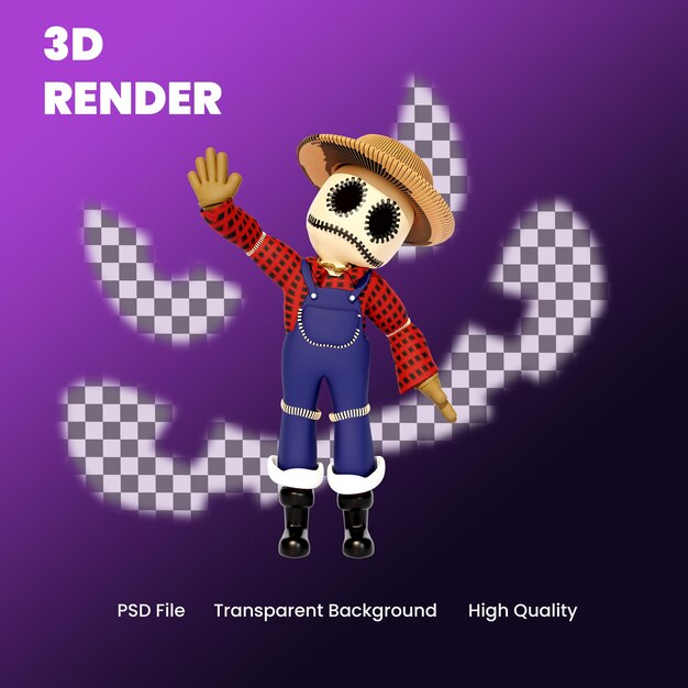 PSD 3d-charakter halloween vogelscheuche winken pose illustration