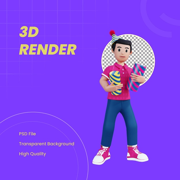 PSD 3d-charakter mit feuerwerkskörper