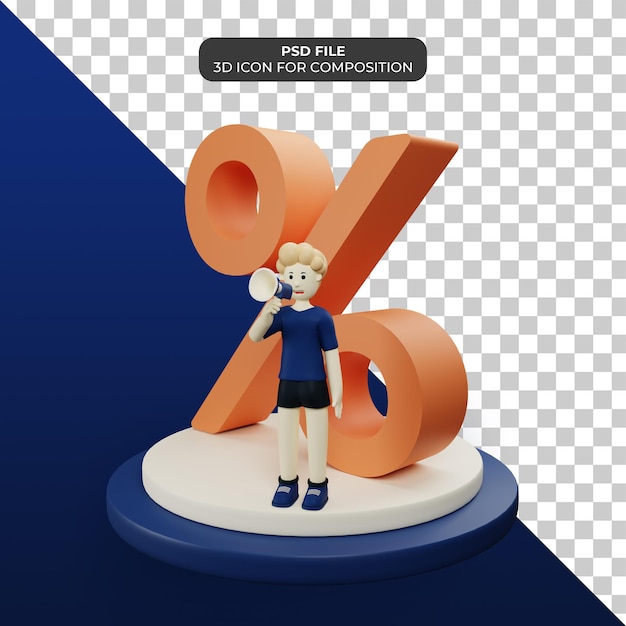 3d-charakter mit prozentrabatt-symbolillustration psd