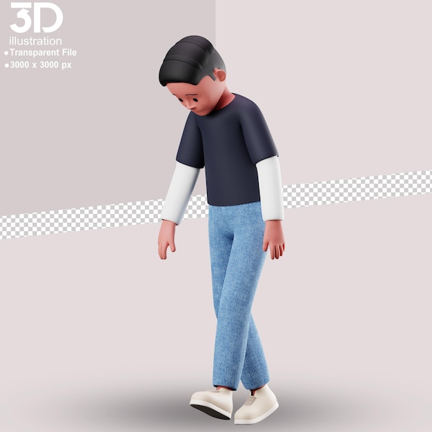 3D-Charakter „Müder Spaziergang“ 3D-Renderillustration auf isoliertem Hintergrund im PNG-Stil