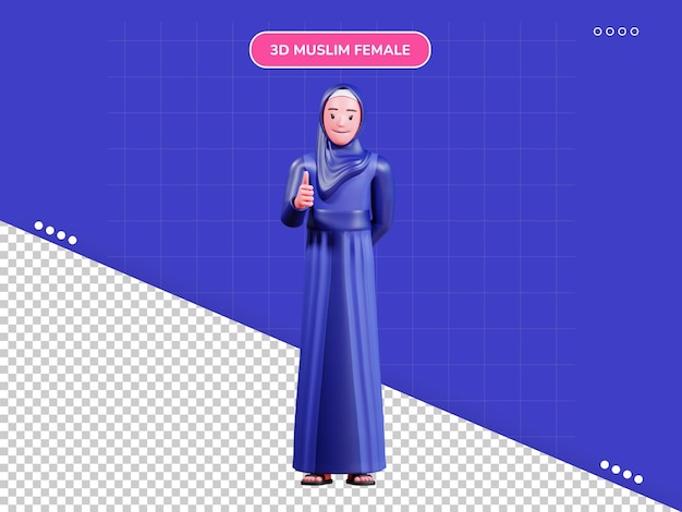 3d-charakter muslimische frau mit blauer kleidung daumen hoch pose