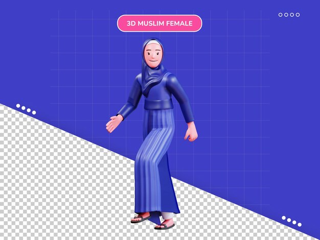 PSD 3d-charakter muslimische frau mit blauer kleidung gehhaltung