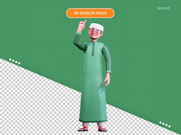 PSD 3d-charakter muslimischer mann mit grüner kleidung hatte eine idee