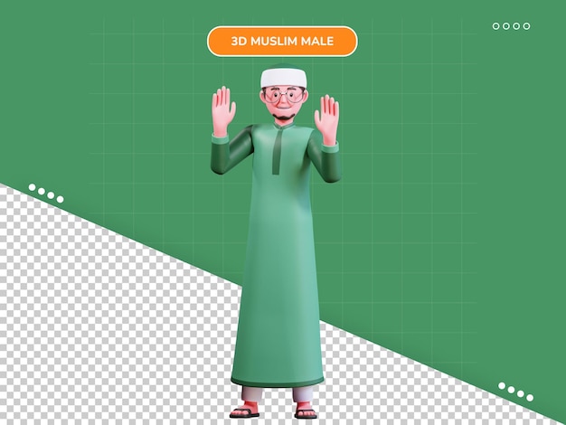 3d-charakter muslimischer mann mit grüner kleidung in doppelter hi-pose
