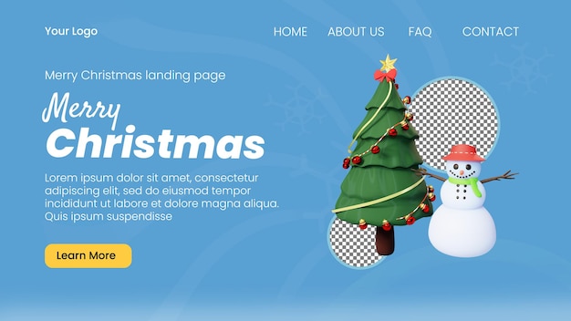 PSD 3d-charakter-schneemann und weihnachtsbaum-landing-page-vorlage